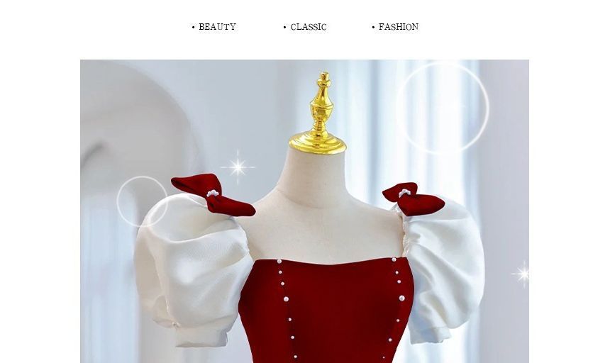 Bow Two Puff-Sleeve A-Line Tone Evening Gown