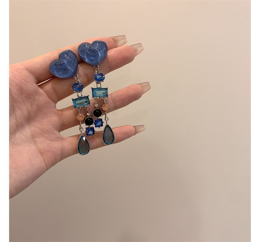 Fringed Rhinestone Alloy Earring Heart