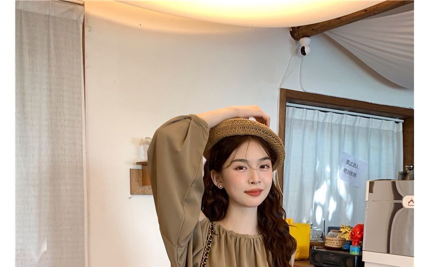 Haut froncé uni à manches longues et épaules dénudées