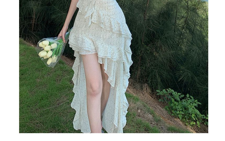 Maxi Floral A-Line Spaghetti Dress Ruffle Trim Strap