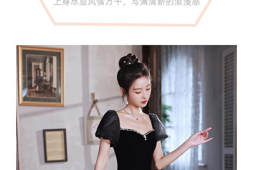 Gown Off Panel Short-Sleeve A-Line Shoulder Glitter Rhinestone Ruffle Velvet Evening