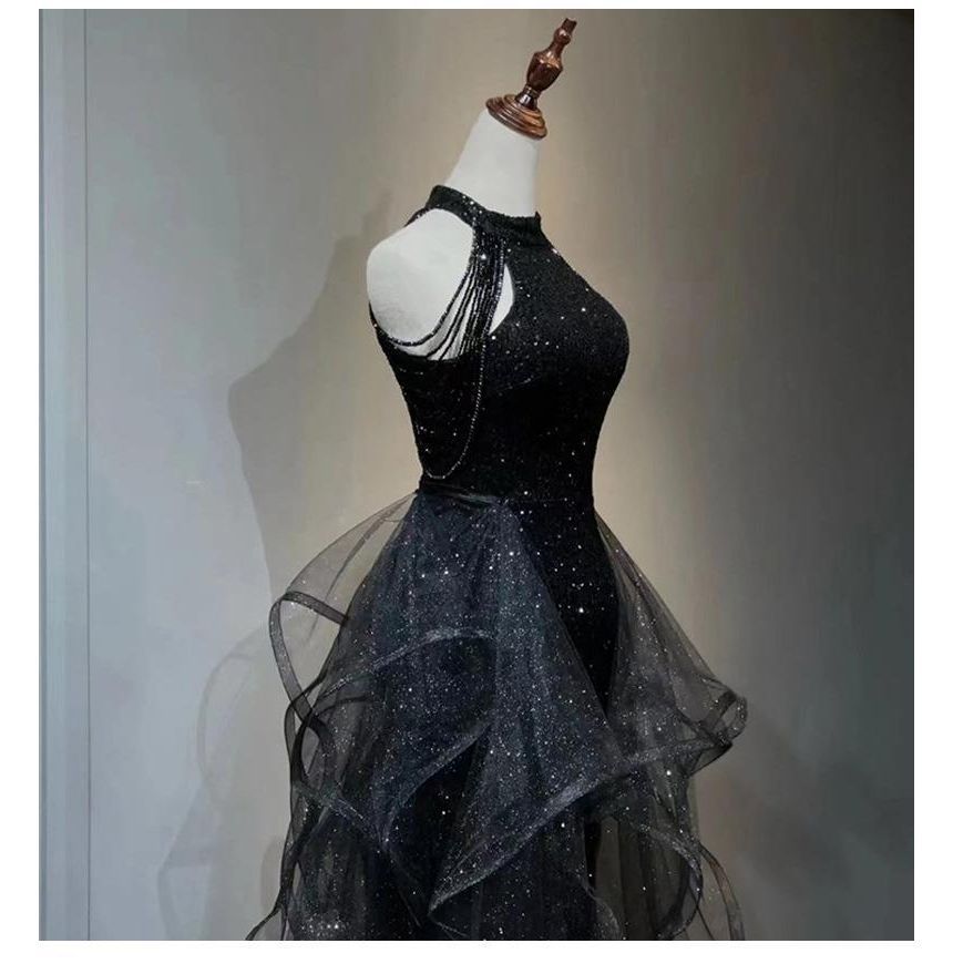 Sleeveless Evening Crew A-Line Glitter Beaded Neck Gown Panel Ruffle Mesh Plain