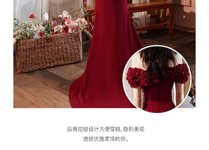 Mesh Beaded Mermaid Ruched Panel Short-Sleeve Plain Shoulder Evening Gown Off