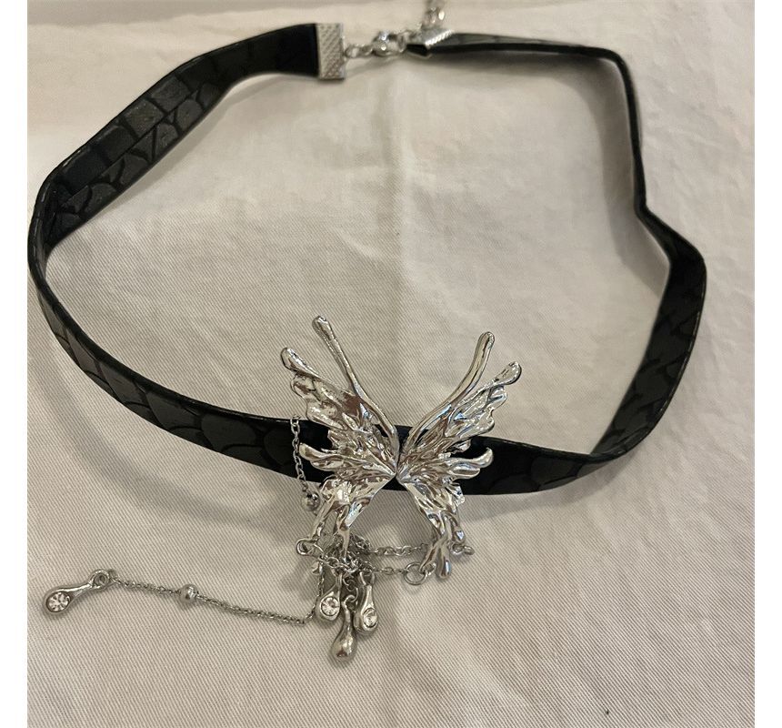 Leather Butterfly Choker Rhinestone Fringed Faux