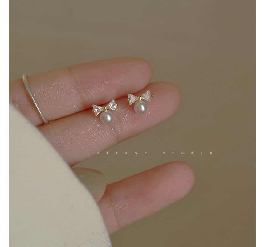 Sterling Earring Silver Faux Stud Bow Pearl Rhinestone