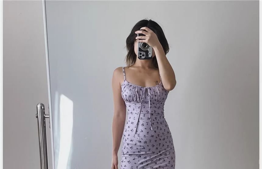 Print Spaghetti Dress Scoop Neck Midi Ruched Bodycon Floral Strap