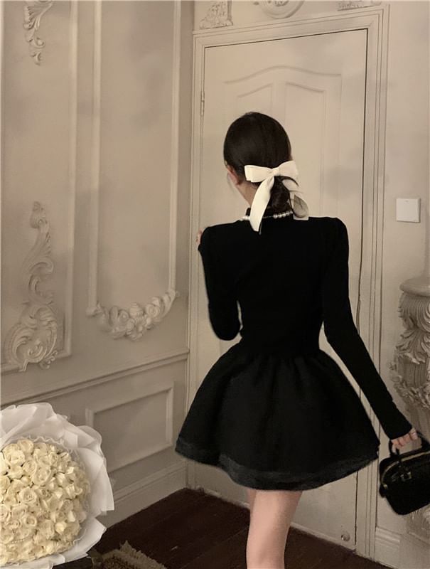 Plain A-Line Long-Sleeve Knit Mock Dress Layered Neck Mini