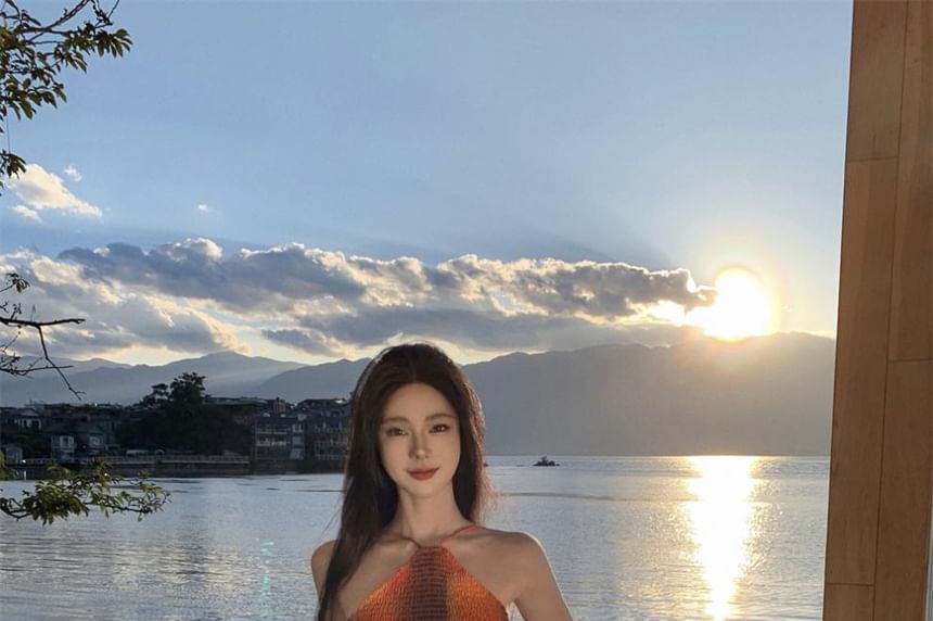 Back Smocked Halter Maxi A-Line Dye Tie Neck Open Dress