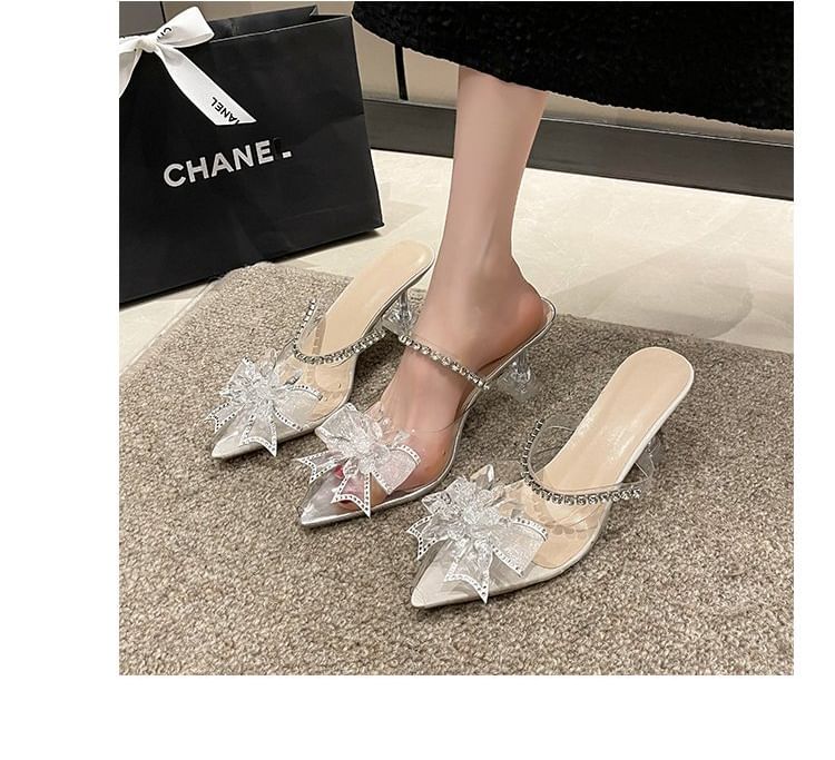 Heel Bow Mules Pointed Kitten Rhinestone