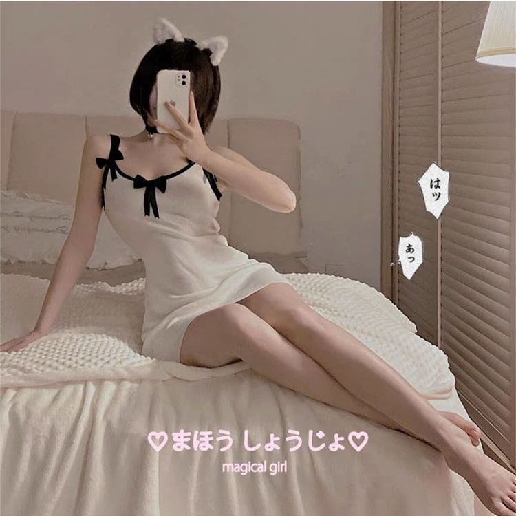 Trim Strap Bow Contrast Dress Bodycon Spaghetti Mini