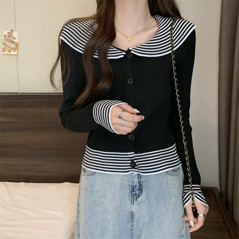 Long-Sleeve Panel Top Ribbed Button Knit Striped Collar