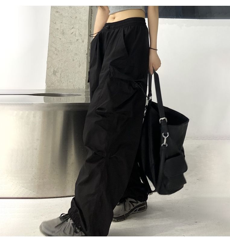 Wide Cargo Leg Pants Waist Plain Drawstring