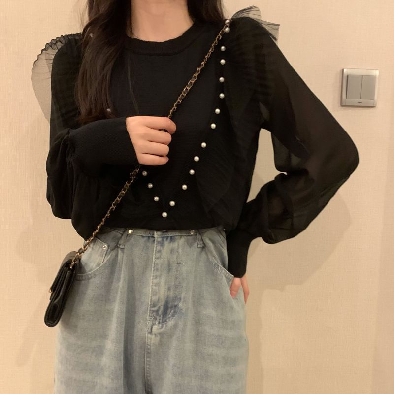 Trim Faux Neck Top Crew Ruffle Long-Sleeve Knit Plain Pearl