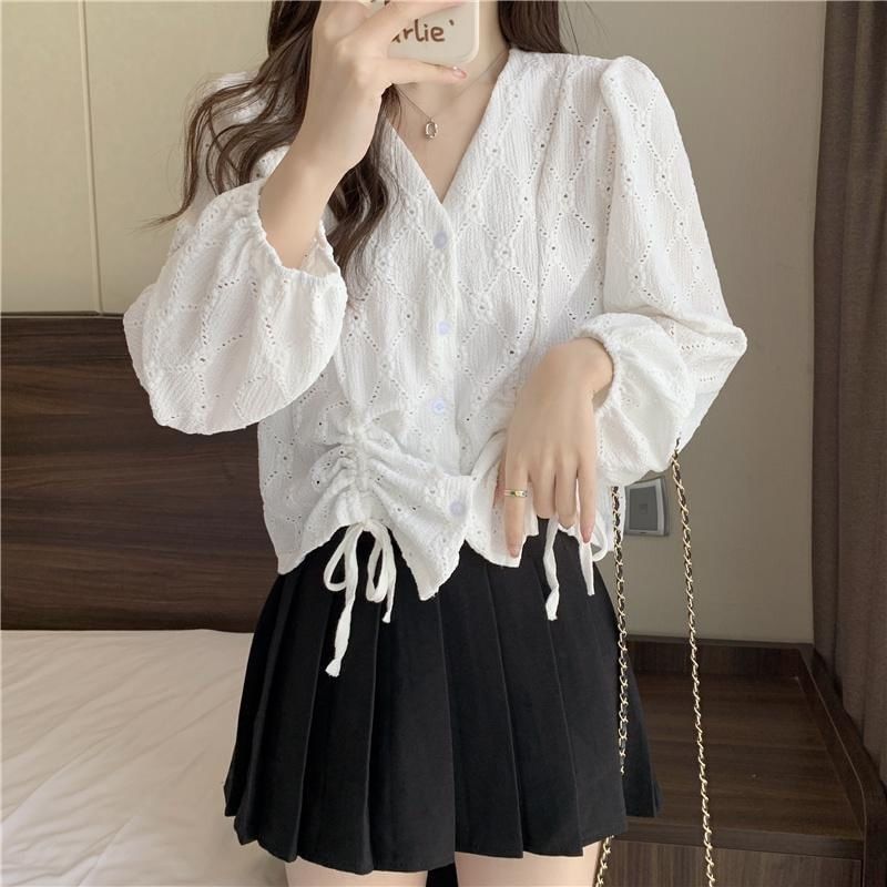 Long-Sleeve Eyelet Blouse Plain V-Neck Drawstring
