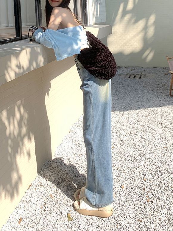 Wide Waist Washed Jeans Leg High