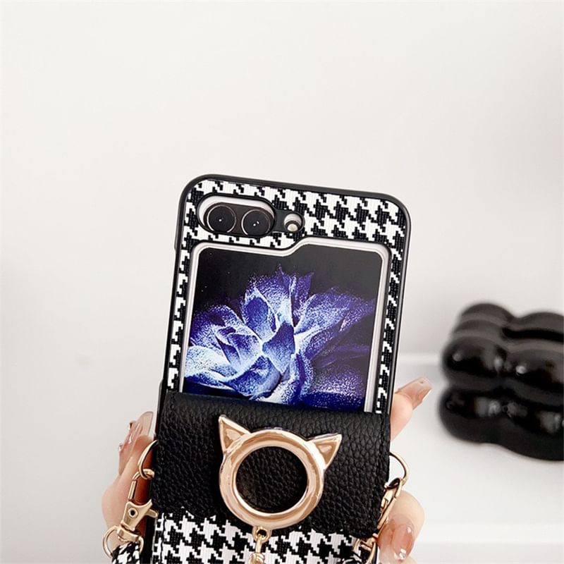 Lanyard Pearl Faux Cat Houndstooth Case Phone