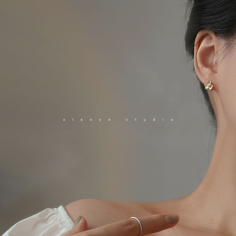 Flower Sterling Huggie Earring Faux Silver Pearl