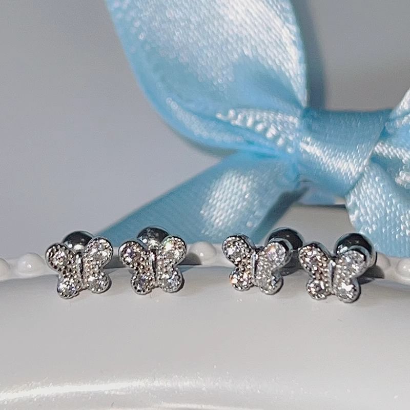 Sterling Barbell Butterfly Silver Earring Rhinestone