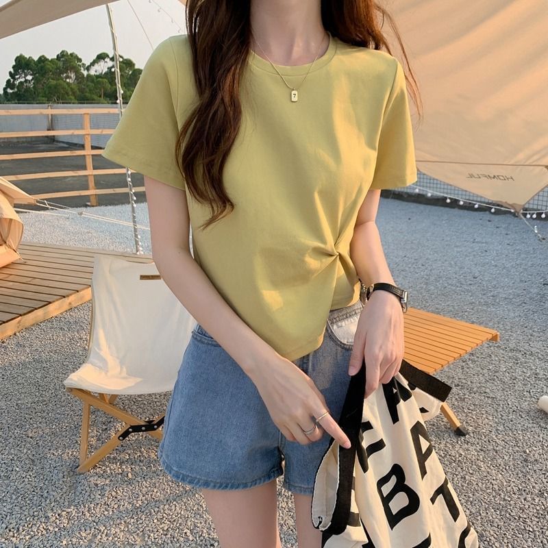 Crew Plain Short-Sleeve T-Shirt Asymmetrical Crop Ruched Neck