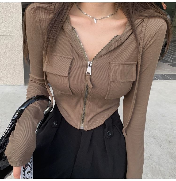 Zip-Up Plain Hoodie Crop Slim Fit