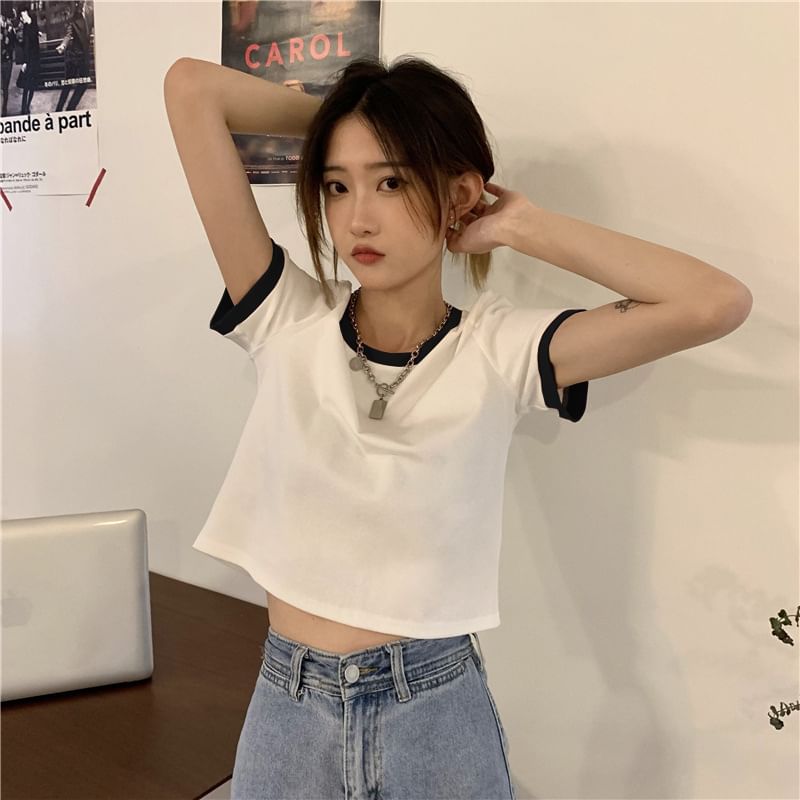 Contrast Crew Short-Sleeve Crop Trim T-Shirt Neck