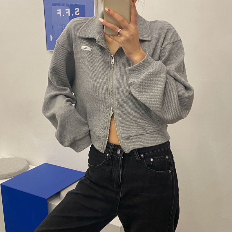 Applique Waffle Jacket Collared Plain Crop Zip-Up