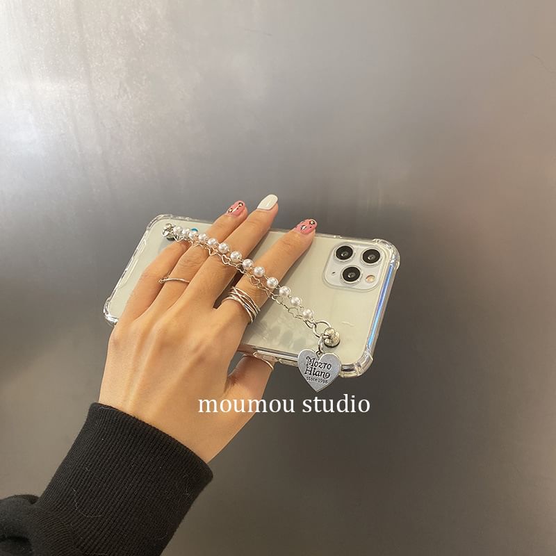 Case Faux Heart Phone Pearl Strap