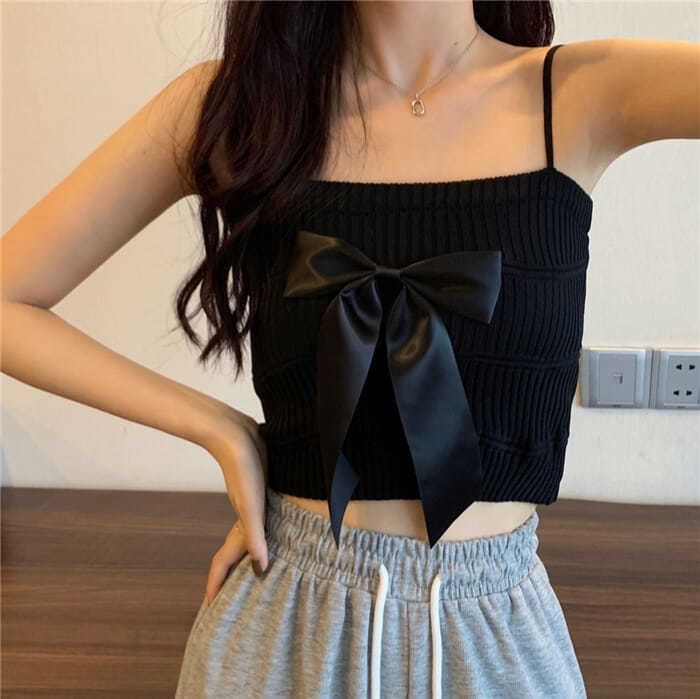 Ribbed Bow Top Plain Knit Camisole