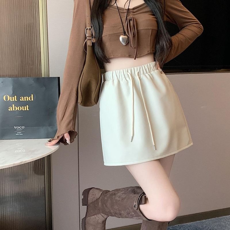 Skirt A-Line Drawstring Waist Mini Plain Leather Faux