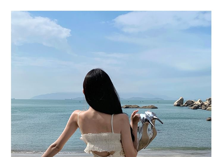 Robe fourreau longue à bretelles spaghetti, col en V, volants à sequins unis