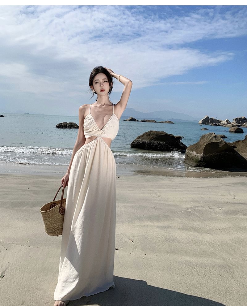 Dress V-Neck Plain A-Line Spaghetti Maxi Strap Cutout