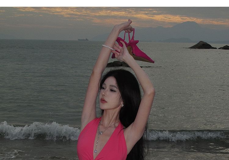 Bodycon Plain Neck Cutout Dress Halter Midi