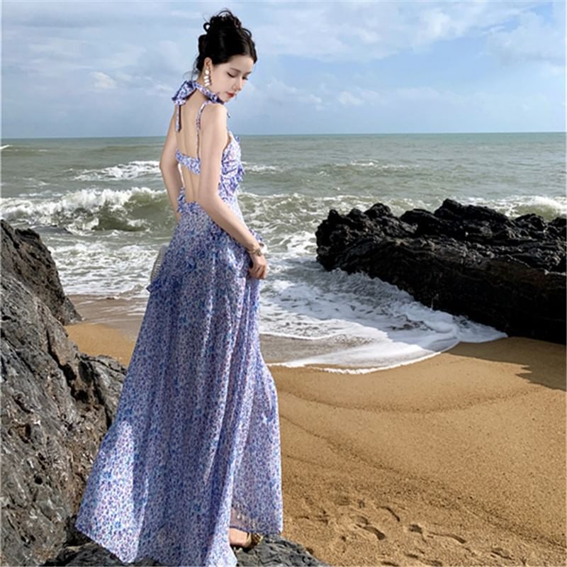 A-Line Strap Dress Spaghetti Midi Print Floral