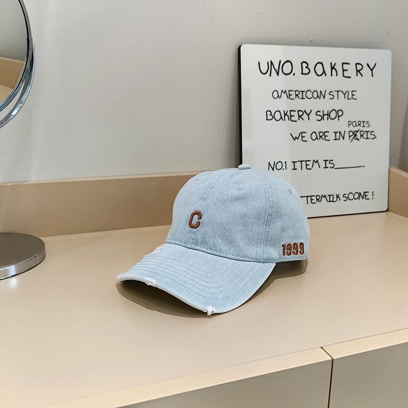 Embroidered Distressed Baseball Lettering Denim Cap