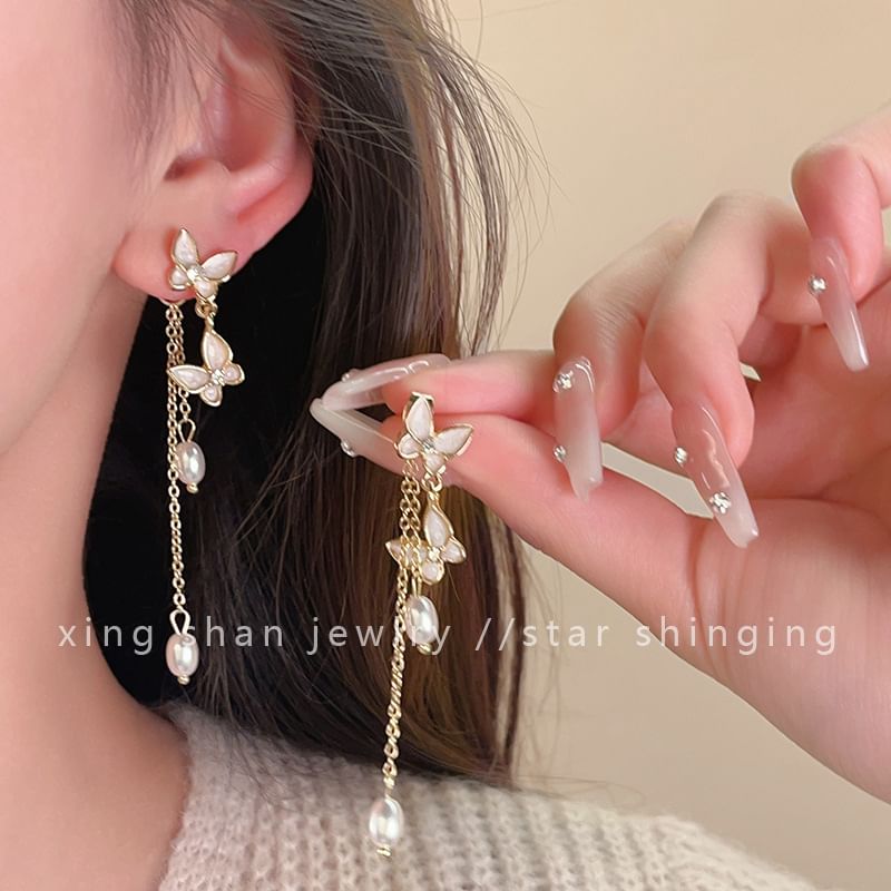 Butterfly Earring Drop Faux Clip / On Pearl