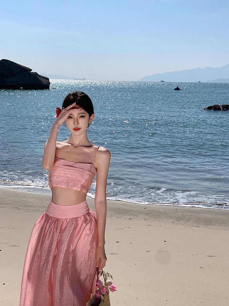 Crop Plain + Top Skirt Waist Maxi Camisole Set: High