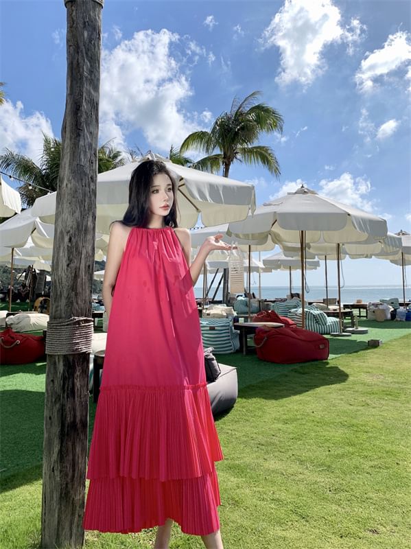 Sleeveless Dress Tiered Midi Plain