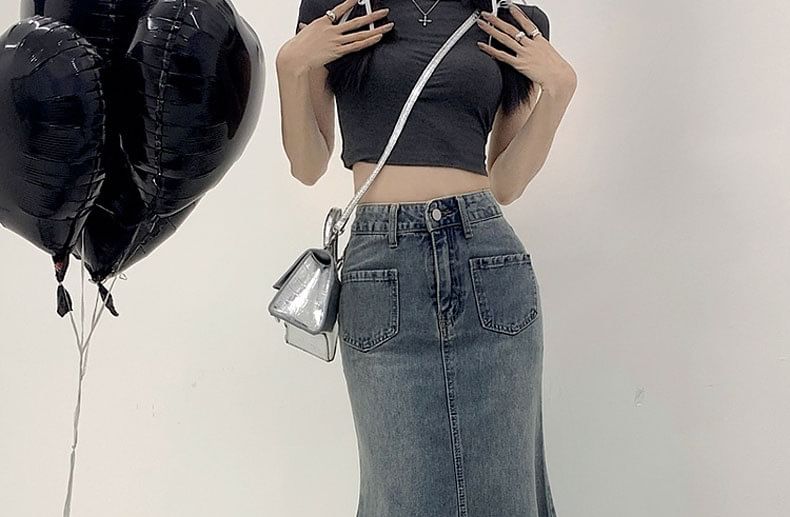 Washed Midi Denim Fray Waist Mermaid Skirt High