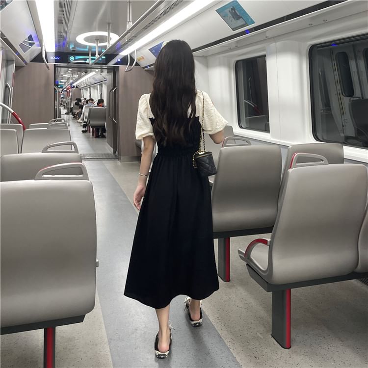 Mock Two Puff A-Line Ruched Sleeve Dress V-Neck Piece Midi