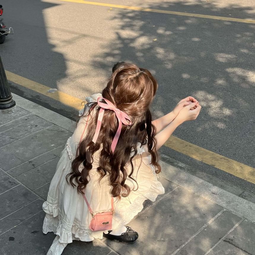 Neck Embroidered Round A-Line Sleeve Ruffle Dress Bow Mini Cap