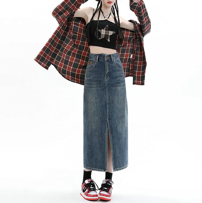 Midi Rise Denim Washed Skirt Slit High Pencil