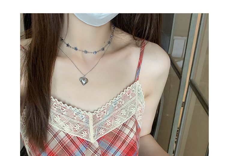 Strap Spaghetti Trim Plaid Dress A-Line Midi Lace