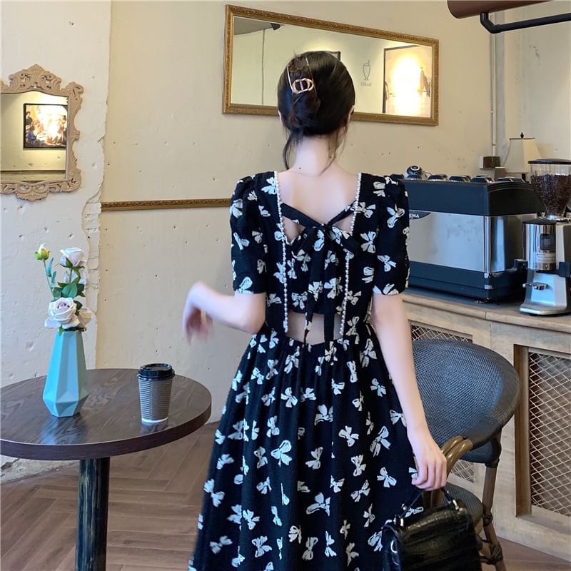 Bow Square A-Line Neck Tie Panel Short-Sleeve Print Midi Back Dress