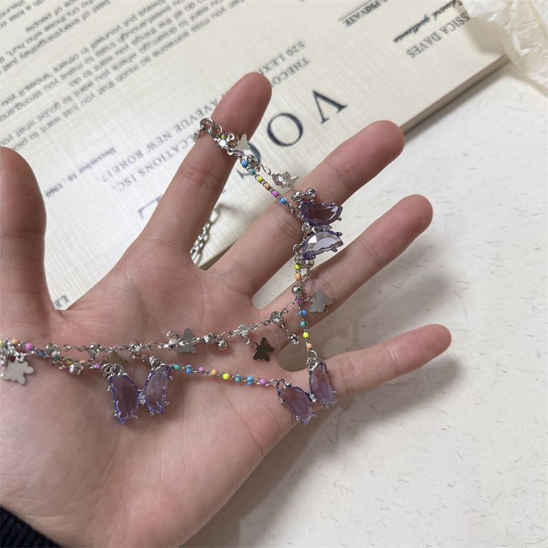 Crystal Faux Layered Necklace Butterfly Fringed