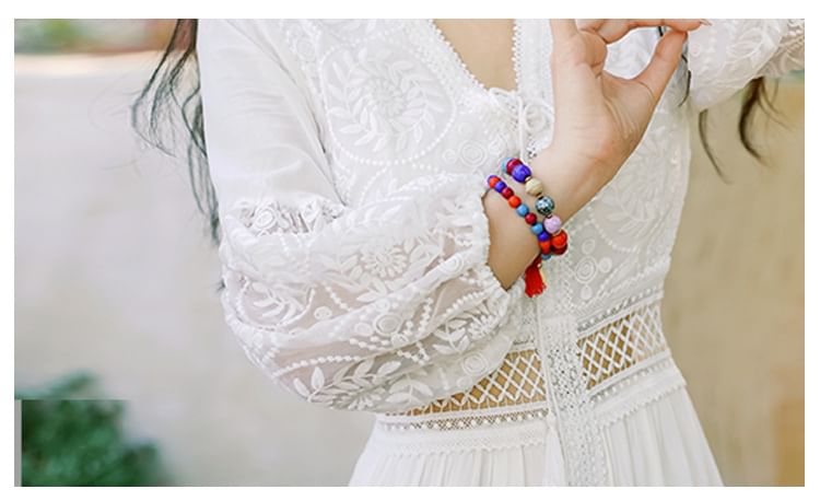 Maxi Plain V-Neck Trim A-Line Puff-Sleeve Dress Lace