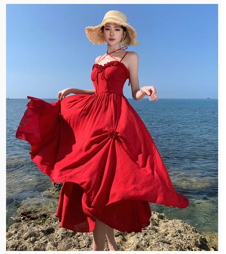 Ruffle Detail Spaghetti Flower Sundress Maxi Strap Plain