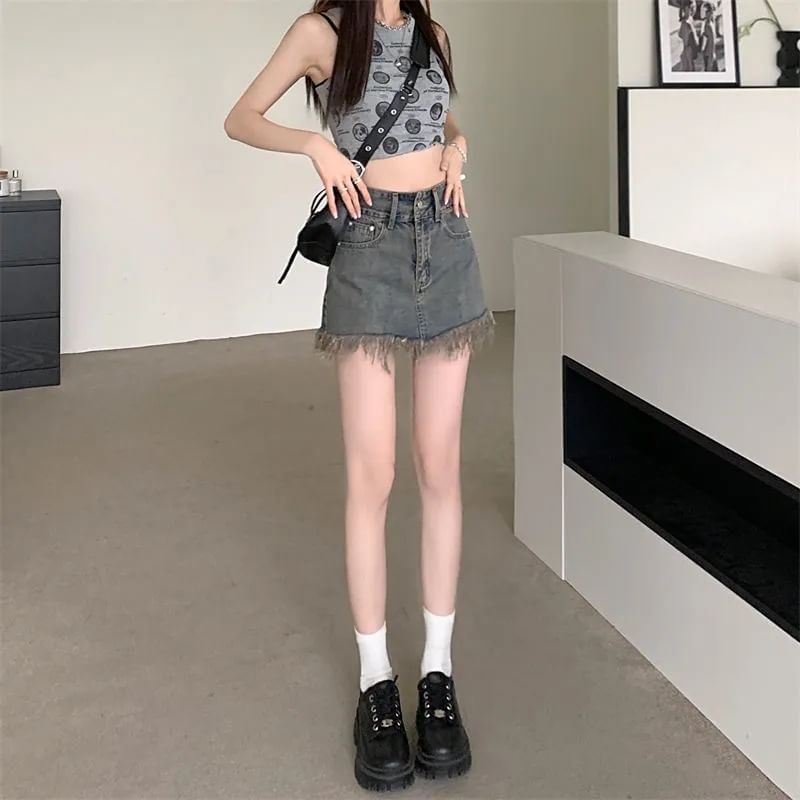Mini Waist Skirt Hem High Pencil Denim Fringed