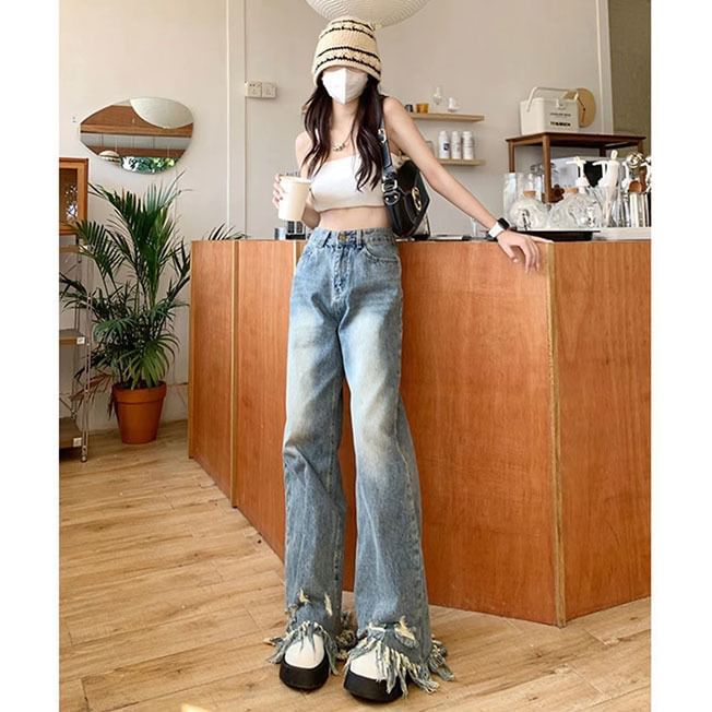 Waist High Wide Leg Ripped Jeans