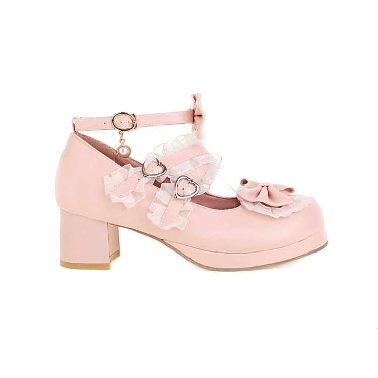 Pumps Strappy Heel Jane Bow Ruffle Platform Mary Chunky