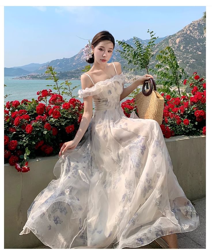 Shoulder Floral Dress Neck Cold Square Maxi Print Ruffle Ruched Trim A-Line